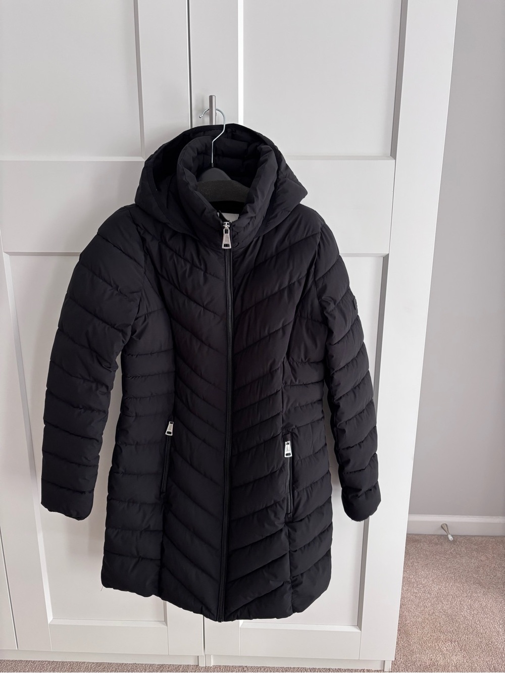 DKNY Black Quilted Hooded Puffer Coat